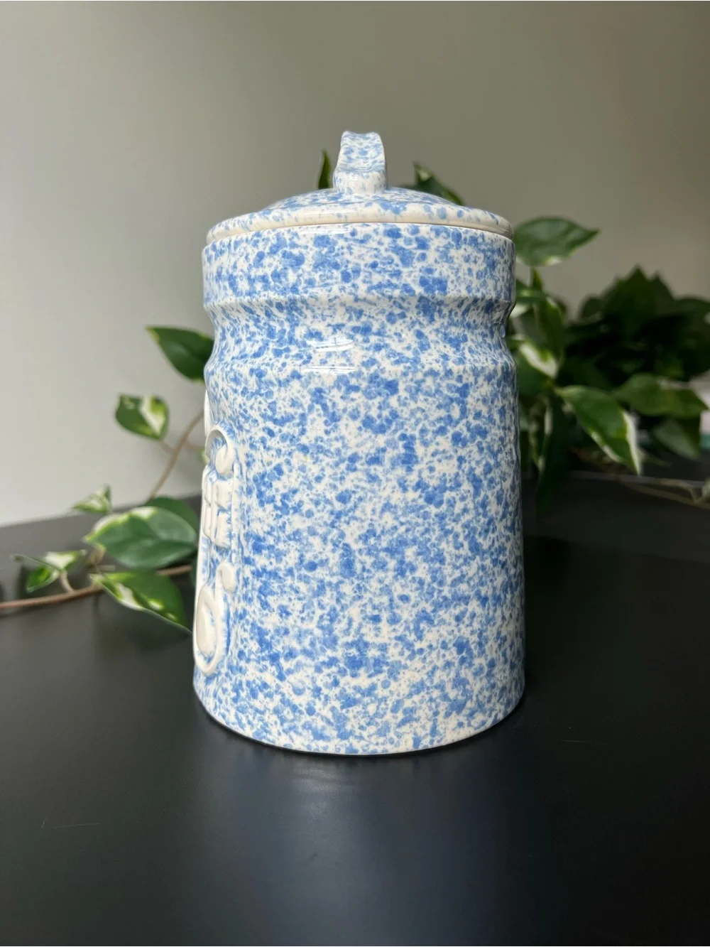 Vintage Treasure Craft USA Blue Spongeware Coffee Canister Ceramic Jar Farmhouse
